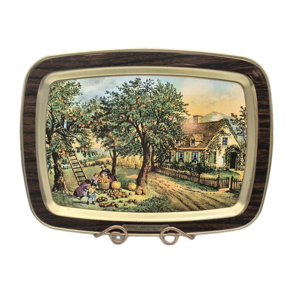 Vintage Currier Ives Metal Serving Tray American Homestead Autumn 14.75x11"
